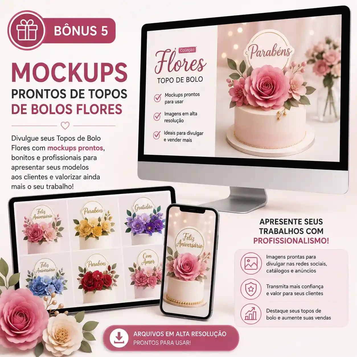 Mockups Prontos de Topos de Bolos Flores para Divulgação