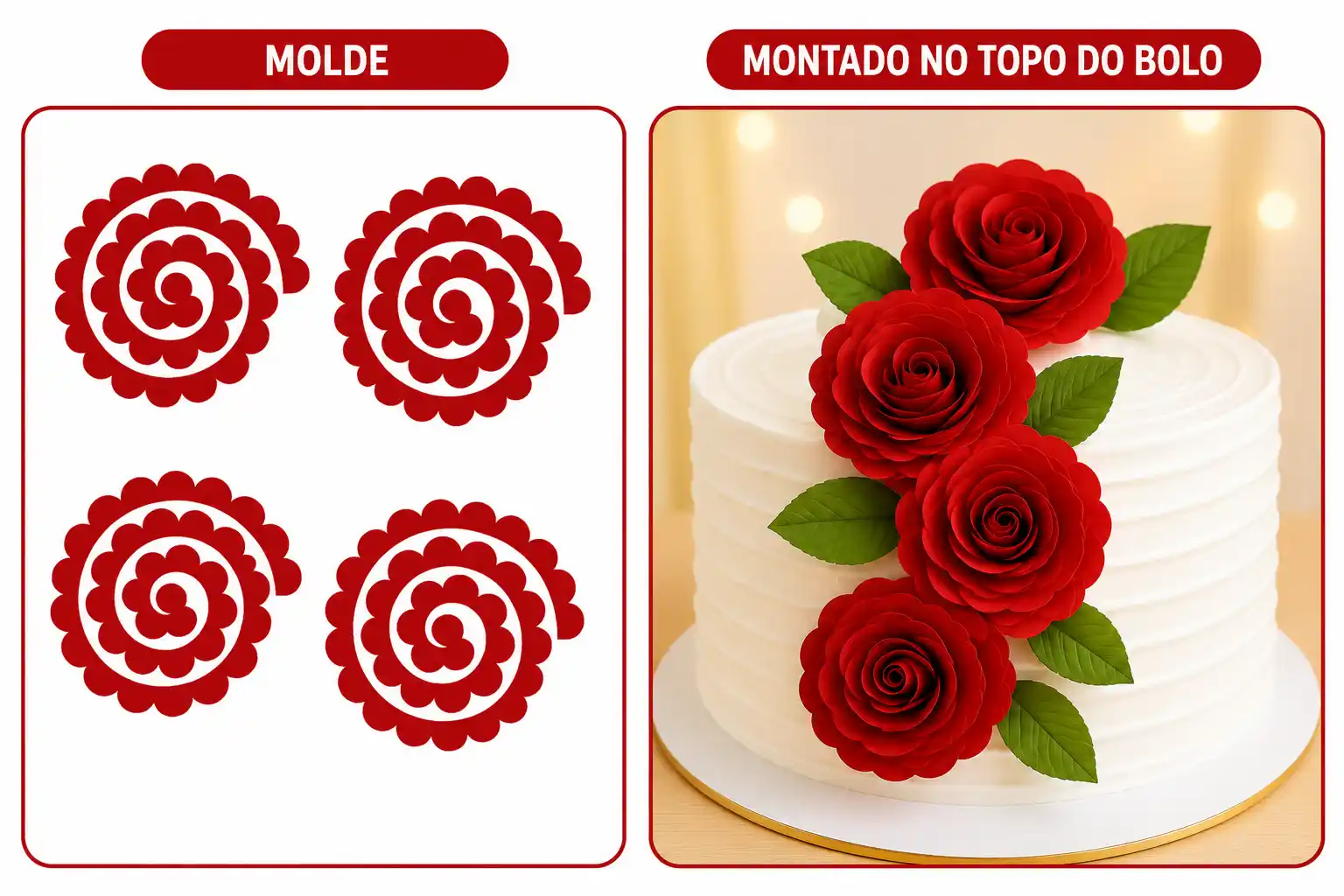 Molde de flor impresso e o resultado montado no topo do bolo