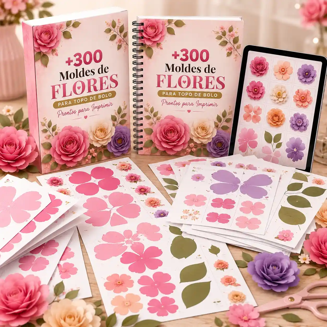Mockup da coleção +300 moldes de flores para topo de bolo